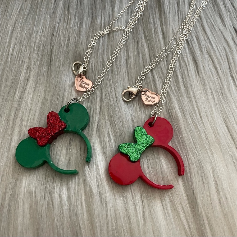 Ritzee Rebel Minnie Ears Resin Necklace - Red or Green Glitter Bows